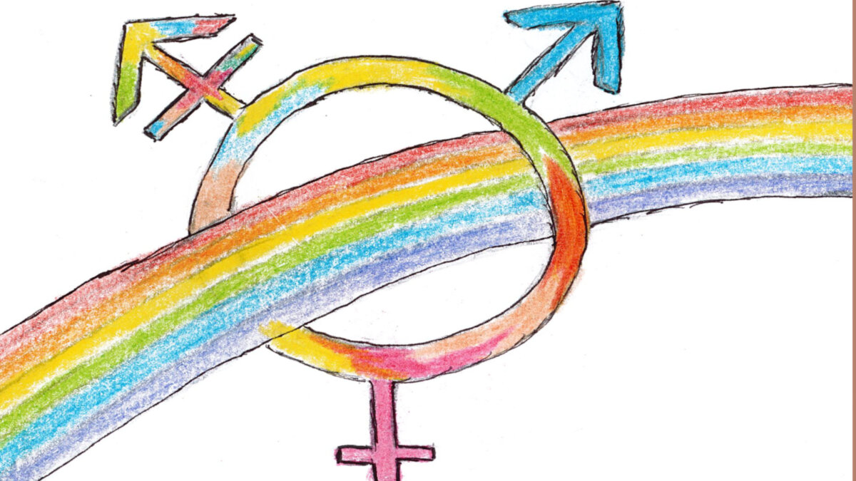 Beitragsbild: Ein Regenbogen verläuft durch ein Symbol, das Transsexualität markiert. Das Symbol ist ein Kreis mit einem Kreuz an der unteren Seite, einem Pfeil rechts oben und einem Pfeil mit einem Querstrich links oben.