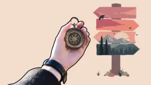 Beitragsbild: Eine Hand hält einen Kompass. Dahinter ist ein Wegweiser zu sehen, der eine Berglandschaft zeigt.