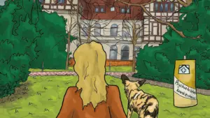 Blonde Frau vor einem Krankenhaus
